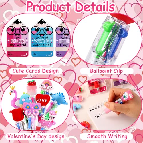30 Pack Valentines Fun Pens with Cards Cute Multicolor 4-in-1 Gift Pens - style: Valentines Cards-30pcs