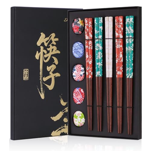 Antner 5 Pairs Reusable Wooden Chopsticks and Ceramic Rests Set, 8.8 Inch/22.5cm Classic Japanese Style Chopsticks with Holders for Ramen Sushi Asian Cuisine Lovers, Black Elegant Gift Box - color: Elegant Plum Blossom Chopsticks Set