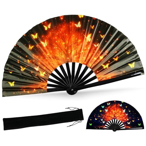 SYNTECSO Folding Hand Fan for Rave, UV Glow Clack Fan - color: Trees of Fire