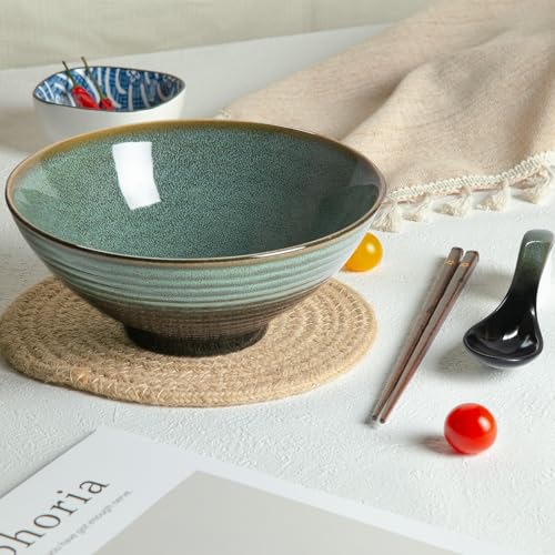 40 oz Ceramic Ramen Bowl Set of 2, Ramen Noodle Bowl with Spoons and Chopsticks 8 Inch Japanese Retro Style Large Soup, Pho, Udon Bowls, Microwave & Dishwasher Safe, Green - color: Green