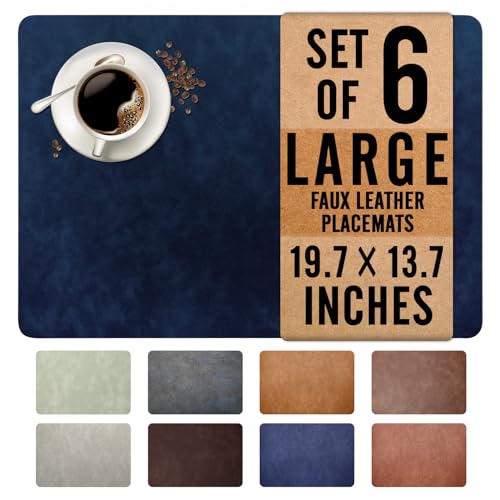 UnivoColors Washed Cowhide Pattern Faux Leather Big Size Placemats Set of 6, Waterproof Easy to Clean Anti-Slip PU Table Mats for Party Decoration19.7″×13.6″,Navy Retro Cowhide Pattern,N - color: Navy