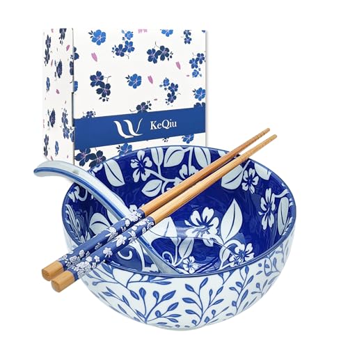 28Oz Ceramic Ramen Noodle Pho Bowl Set with Chopstick&Spoon&Gift box - size: 6in Floral Grassed Pattern