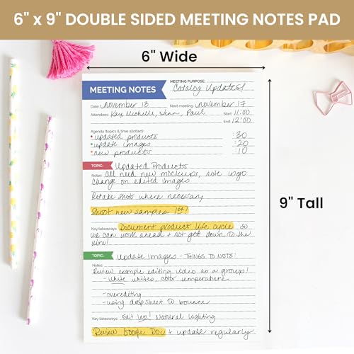 bloom daily planners 6" x 9" Double Sided Meeting Notes Planning Pad for Work Organization - Topics, Takeaways, Action Items & Follow-Ups - ADHD Friendly Undated Meeting Agenda Notepad - color: 6" x 9" Meeting Pad