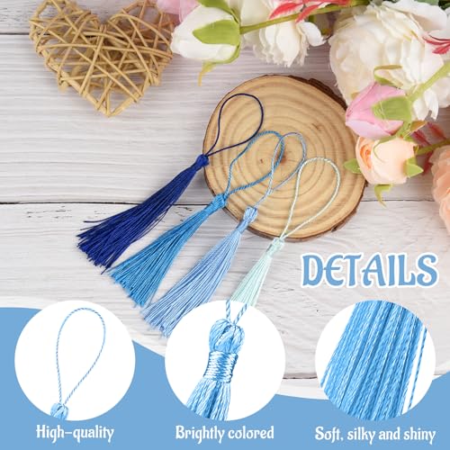 100 Pcs Bookmark Tassels Bulk Blue Series Soft Craft Silky Handmade Mini Tassels for Jewelry Making with Loops for DIY Craft Accessory Dress Decoration - color: Blue Series