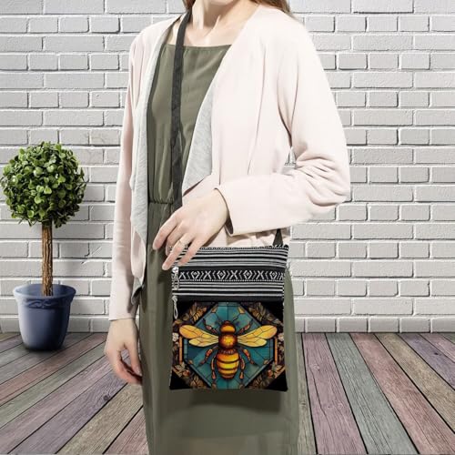 Stained Glass Pattern Crossbody Handbag with Zipper Butterfly World Tree Bee Aesthetic Present for Woman - color: Stained Glass Bee