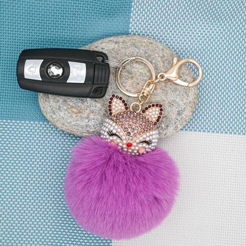 Faux Rabbit Fur Pom Pom Keychain with Fox Head - color: Purple