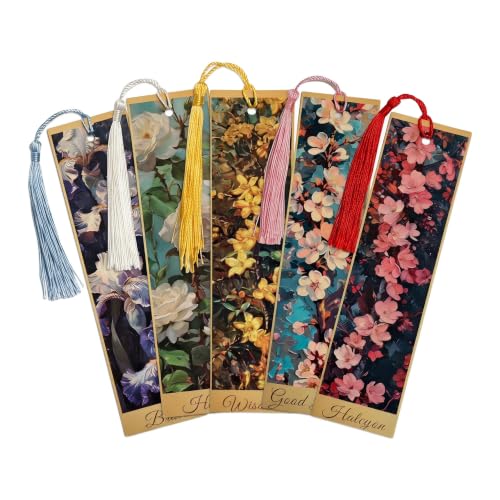 5Pcs Printed Paper Floral Vintage Oil Painting Book Marks with Tassels - color: Set E