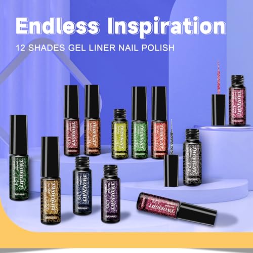 TWOEIGHT Reflective Glitter Nail Art Gel Liner Flash Diamond Painted Polish 12 Colors 8ml Sparkle Silver RED Pink Green Yellow Pigment UV LED Soak off Curing Requires for Design - color: 12pcs Reflective Glitter Set