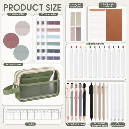 Crtiin 52 Pcs Aesthetic Pencil Pouch Set with Pen Highlighters, Green - color: Green
