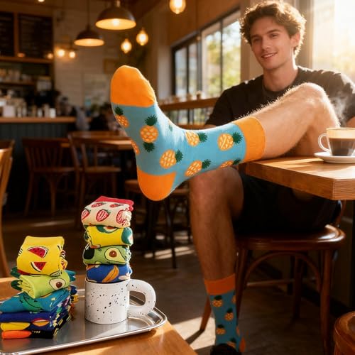 Colorful Funny Novelty Dress Socks for Men Women Teens Fathers Day Casual Fun Crazy Funky Graphic Crew Socks - color: 5 Pairs - Fruit Style -- Avocado & Lemon & Pineapple Pattern Socks, size: 6-12