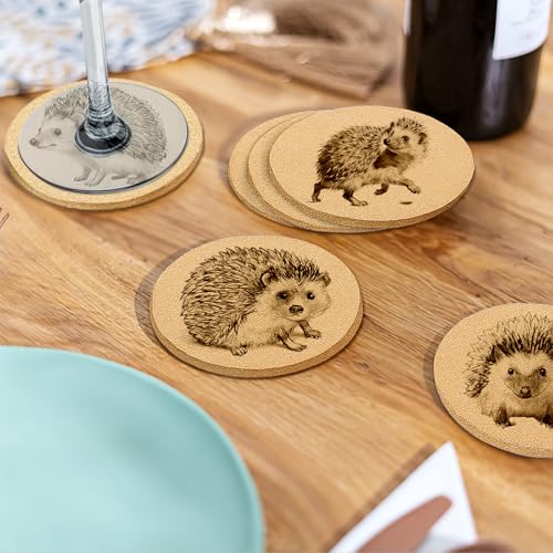 Hand Drawn Hedgehog Coasters with Holder Set of 6, Illustration Cork Coaster Absorbent for Office Desk Table Coasters Kitchen Decor House Warming Gifts for New Home Couples, Round 4" - color: Hedgehog
