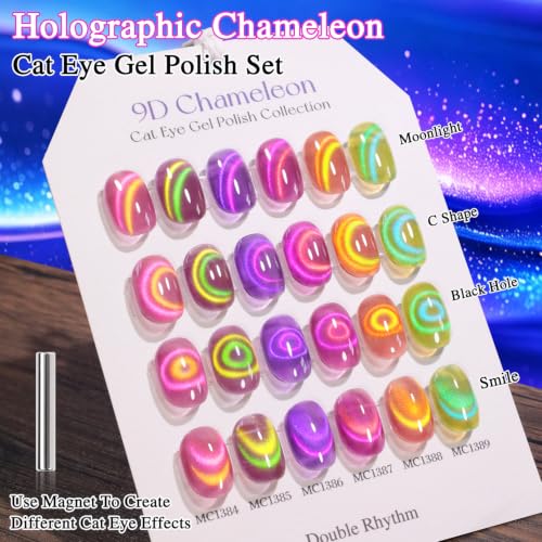 Double Rhythm Cat Eye Gel Nail Polish Set of 6 Same Color Same Bottle 0.5 Oz Shimmer Glitter with Magnet Holographic Reflective Magnetic UV Nail Polish Kit at Home (T6-118) - color: Chameleon 9D