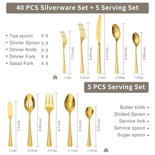 45 Piece Gold Silverware Set with Serving Utensils, 18/10 Stainless Steel - color: Gold, size: 45-Piece