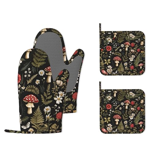 Mushroom Heat-Resistant Silicone Oven Mitts and Pot Holders,Herb Plant Berry Butterfly Long Oven Gloves with Non-Slip Grip for Cooking, Baking, Grilling,BBQ - color: Mushroom Herb Plant Berry Butterfly