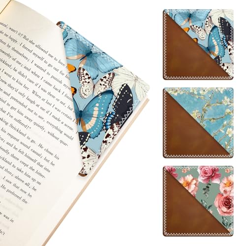 3 Pieces Leather Bookmarks, Personalized & Cute Book Accessories for Reading Lovers, Page Markers for Women Men Girls Boys Student Teacher Kids Retirement Birthday Gifts (Flowers, Butterfly) - color: Flowers, Butterfly