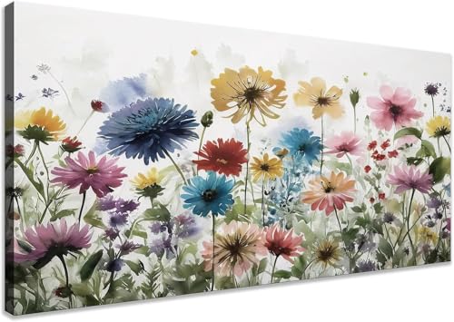 KZKU Flower Wall Art Canvas Prints Multi-colored Watercolor wildflowers Pictures Wall Decor Artwork Home Decor for Living Room Dining Room Bedroom Office Bathroom 24" x 48" - color: Colorful Flowers, size: 48"L x 24"W