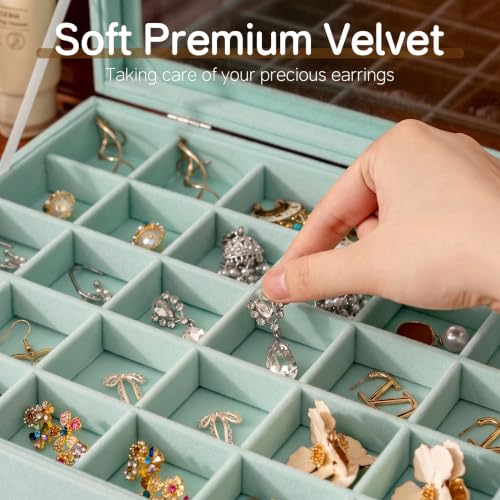 Frebeauty 35 Grid Earring Organizer,Velvet Jewelry Tray with Clear Lid - color: Turquoise, size: 35 Grid