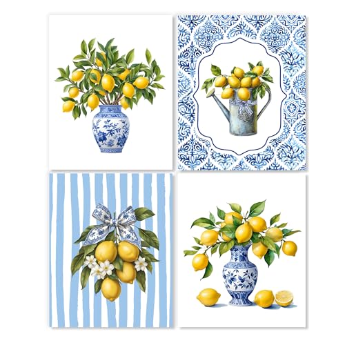 LUKIPOM Chinoiserie Lemon Wall Art Posters Set of 4, Grandmillennial Home Decor, Blue and White Floral Porcelain Lemon Tree Canvas Prints Artwork for Kitchen Wall Decor, 10x8 Unframed - color: Color 003