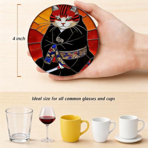 Nikyi 6 Pcs Cat Ceramic Absorbent Coasters, Round Drink Coaster with Metal Holder and Cork Base, for Coffee Table Kitchen Bedroom Living Office Desk Home Decor or Funny Gifts - color: Cat Ninja