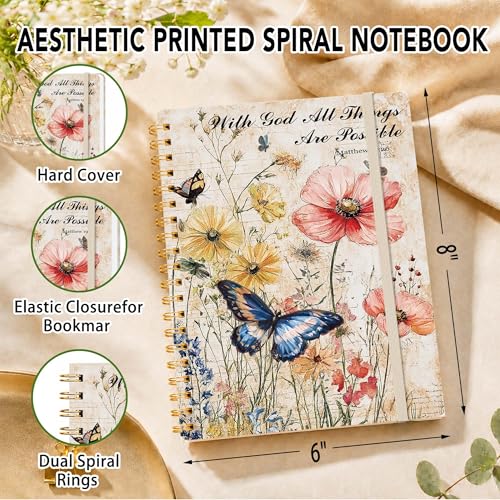Christian Butterfly Lined Spiral Notebook, Pretty Hardcover Journal 6'' x 8.4'', Bible Verse Floral Notebook for Women, Writing Gift - color: floral-06