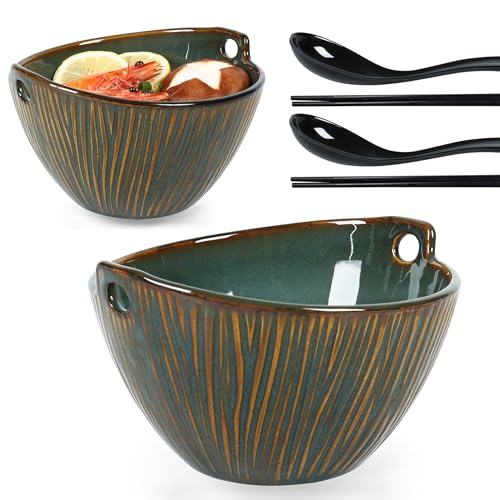 Ceramic Ramen Bowl with Chopsticks and Spoons Set, 6.7 Inch Noodle Bowl Set for Pho Udon Soba, Set of 2 (Ocean Blue) - color: Ocean Blue