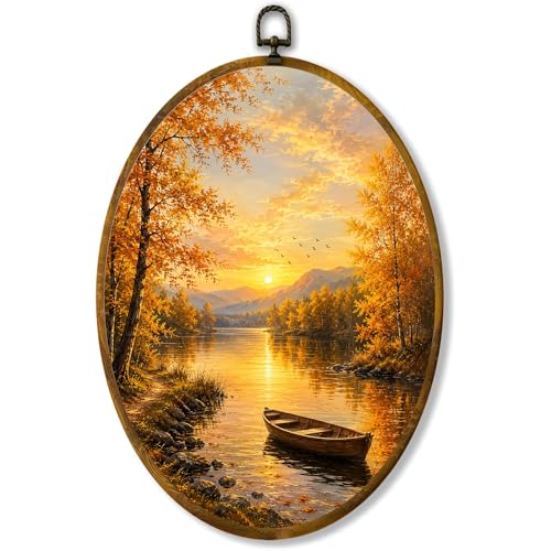 Fall Lake Oval Wall Art, Framed Canvas Decor, 8.5x11.5 Inch - color: Sunset Lake Boat Autumn Landscape