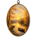 Fall Lake Oval Wall Art, Framed Canvas Decor, 8.5x11.5 Inch - color: Sunset Lake Boat Autumn Landscape