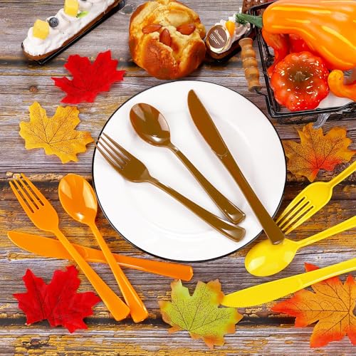 Kochorie 300 Pieces Thanksgiving Plastic Silverware Fall Heavy Duty Utensils Set Heavyweight Disposable Flatware Includes Orange Yellow Brown Spoons Forks Knives for Thanksgiving Dinner Party Supplies - color: Yellow, Orange, Brown
