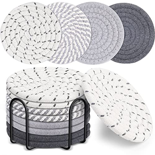Mckanti 8 Pcs Drink Coasters with Holder, 4 Colors Absorbent Coasters, Minimalist Cotton Woven Coaster Set for Living Room Decor, Tabletop Protection Suitable for Kinds of Cups, 4.3 Inches - color: Multi-gray