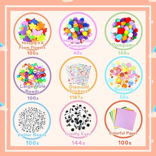Arts and Crafts Supplies for Kids - 3000Pcs Craft Kit with Pipe Cleaners Crafts for Kids All in Art Crafting Box DIY School Supplies Materials Set Toys Gifts for Girls Boys Age 4 5 6 7 8 9 10 11 & 12 - color: Orange