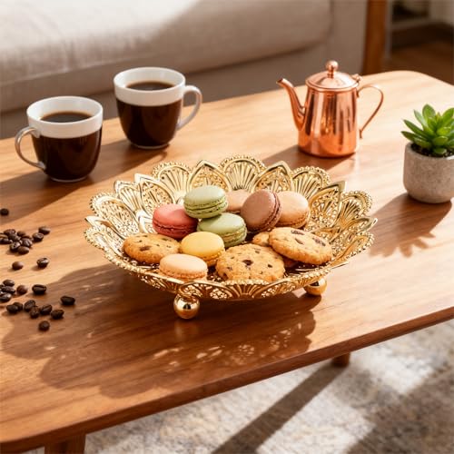 Tissting Round Gold Metal Serving Tray, Coffee Table Trays Decorative, Vintage Fruit Bowl, Vintage Metal Dessert Plates, Turkish Embossed Decorative Tray for Coffee Bar Snack Dessert (5.5") - size: 5.5"