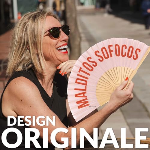 Fisura – Original Folding Fan with Message M*lditos sofocos, Wooden Handheld Fan for Women, Includes Hanger, Menopause Relief Accessory for Party, Birthday or Gift - color: M*lditos Sofocos, Pink