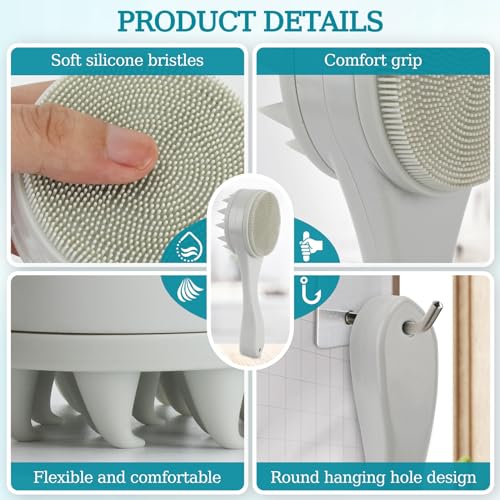 2 Pack Silicone Facial Cleasing Brush and Hair Scalp Massager Shampoo Brush 2 in 1 Double Sided Face Scrubber Scalp Scrubber Manual Exfoliating Light Gray