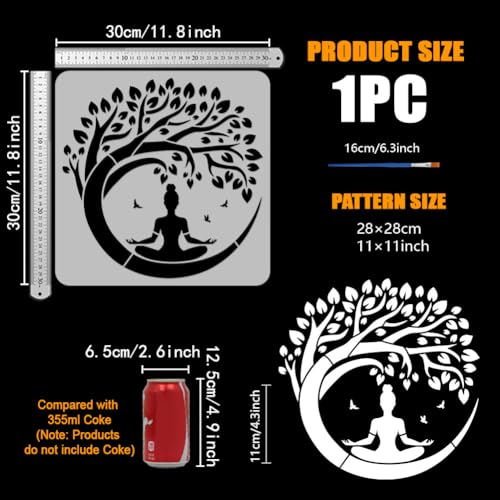 FINGERINSPIRE Tree of Life Stencil with a Paint Brush 11.8x11.8Inch Reusable Yoga Practitioner Stencil PET Birds Yoga Decoration Template Plant Theme Template for Wood Wall Floor Furniture - style: Yoga with Tree of Life