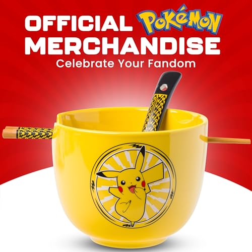 Silver Buffalo Pokemon Pikachu Electric Ceramic Ramen Noodle Rice Bowl with Chopsticks and Spoon, Microwave Safe, 20 Ounces - color: Pokemon Pikachu Spoon Set, size: 20 Ounces (With Spoon)