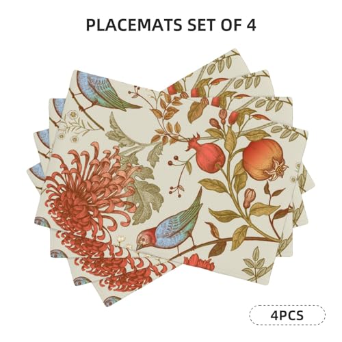 Vintage Japanese Florals Placemats Set of 4,Pomegranates, Branches, Leaves and Birds Design Linen Dining Room Place Mats Kitchen Table Dining Room Coffe - color: Birds 2, size: 12x18"Placemats x4