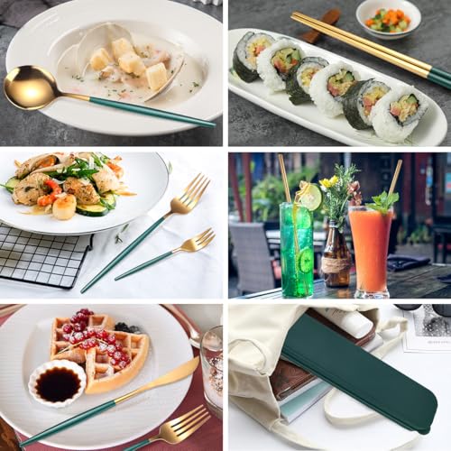 AARAINBOW 8 Pieces Stainless Steel Flatware Set Portable Reusable Cutlery Set Travel Utensils Set Including Chopsticks Knife Fork Spoon Straws Cleaning Brush Dishwasher Safe (Green Golden) - color: Green Golden
