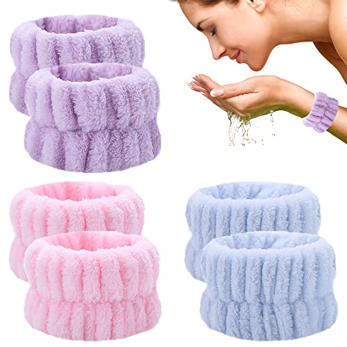 6 Pcs Wrist Spa Washband Microfiber Wrist Wash Towel Band Wristband Scrunchies for Washing Face - color: PInk+Purple+Sky Blue