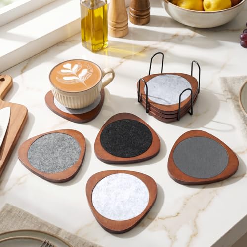 Newtay 6 Pcs Mid Century Modern Coasters Wood Absorbent Coaster,Light Gray - color: Light Gray