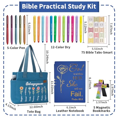 25 PCS Bible Study Supplies Kit, Large Capacity Canvas Tote Bag for Women Organizer, Bible Highlighters and Quick Dry Pens No Bleed Through, Notebook Bible Tabs Cross Bookmark Journaling Accessories - color: Blue
