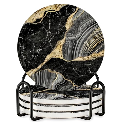 Elegant Black & Gold Marble Ceramic Coasters - Set of 4 with Black Metal Holder - Round Drink Coasters for Coffee, Tea, Whiskey, Wine - Stylish Home & Kitchen Decor - color: Black Gold, size: 4 Pack