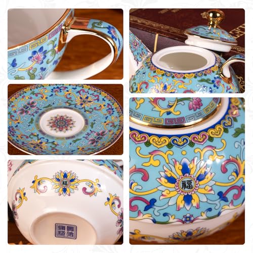 KAMMAK Tea for One Set, Ceramic Teapot, Bone China Tea Set, Cup and Saucer - color: Lake Blue