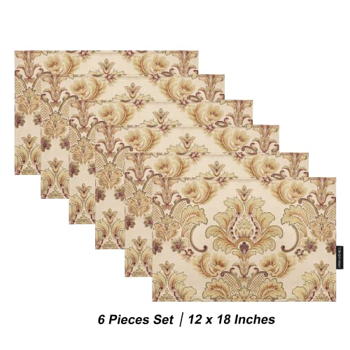 Loom and Mill Luxury Damask Floral Placemats Set of 6, Khaki, 12x18 in - color: Khaki, size: 6 Piece-12x18 inch
