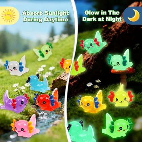 64PCS Luminous Mini Resin Axolotl 8 Colors Glow in The Dark Small Little Resin Axolot to Hide Bulk Miniature Plastic Animal Figures for Micro Landscape Dollhouse Fairy Garden Aquarium Potted DIY Decor - color: 64pcs-axolotl