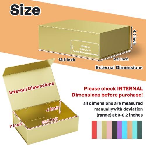 RYDDOY Gold Gift Box, 13.8x9.5x4.3'' Large Gift Boxes with Lids - color: Gold, size: 13.8 x 9.5 x 4.3 Inch