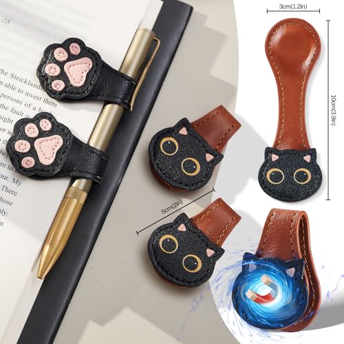 Ovesmusl 2Pcs PU Leather Cat Magnetic Bookmarks with Pen Holder - style: Cat (Brown+Brown)