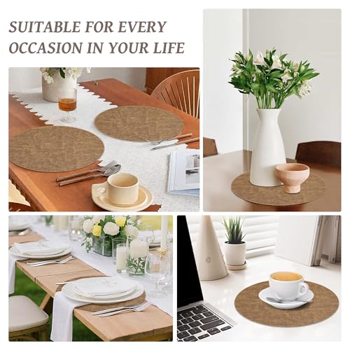 13" Round Placemats Set of 6, Reversible Faux Leather Wipeable Table Mats - color: Light Brown