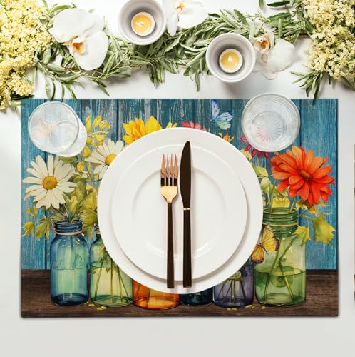 Rustic Daisy Placemats Set of 4 Vintage Flower Vases Wood Grain Linen Table Mats 12x18 Inch Summer Floral Wooden Board Farmhouse Washable Place Mat for Party Kitchen Dining Outdoor Indoor Decor - color: Daisy Vases
