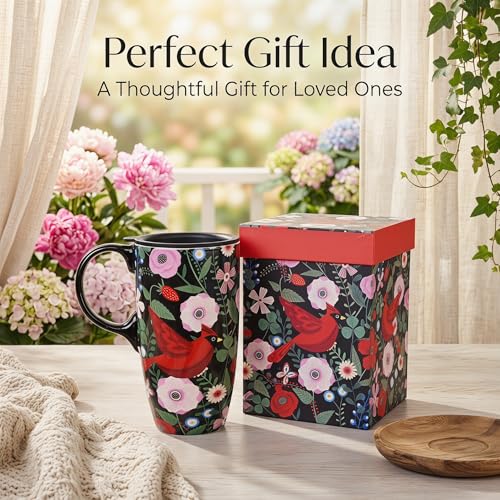 Topadorn 17oz Ceramic Coffee Mug with Lid, Cardinal Bird Floral Cup - color: Bird & Floral