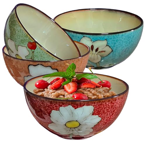 Ceramic Cereal Bowl Set of 4 for Kitchen - 28oz Ramen Bowls for Soup, Oatmeal, Salad, Pasta - Floral Patterns Retro Bowls for Breakfast, Dinner - Dishwasher, Oven and Microwave Safe